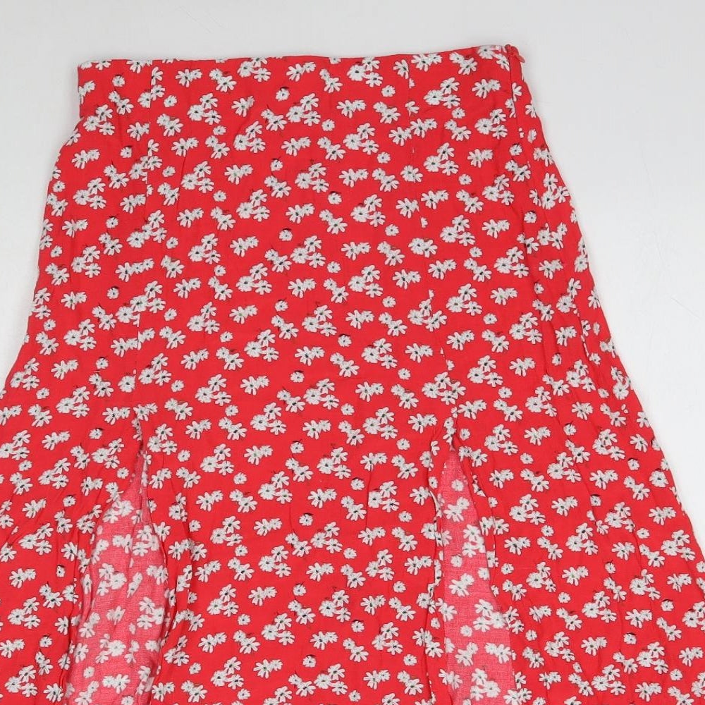 Zara Womens Red Floral Viscose Maxi Skirt Size 8 Zip