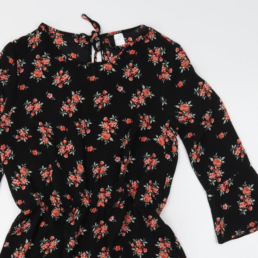 Divided Womens Black Floral Polyester Mini Size 10 Boat Neck Tie