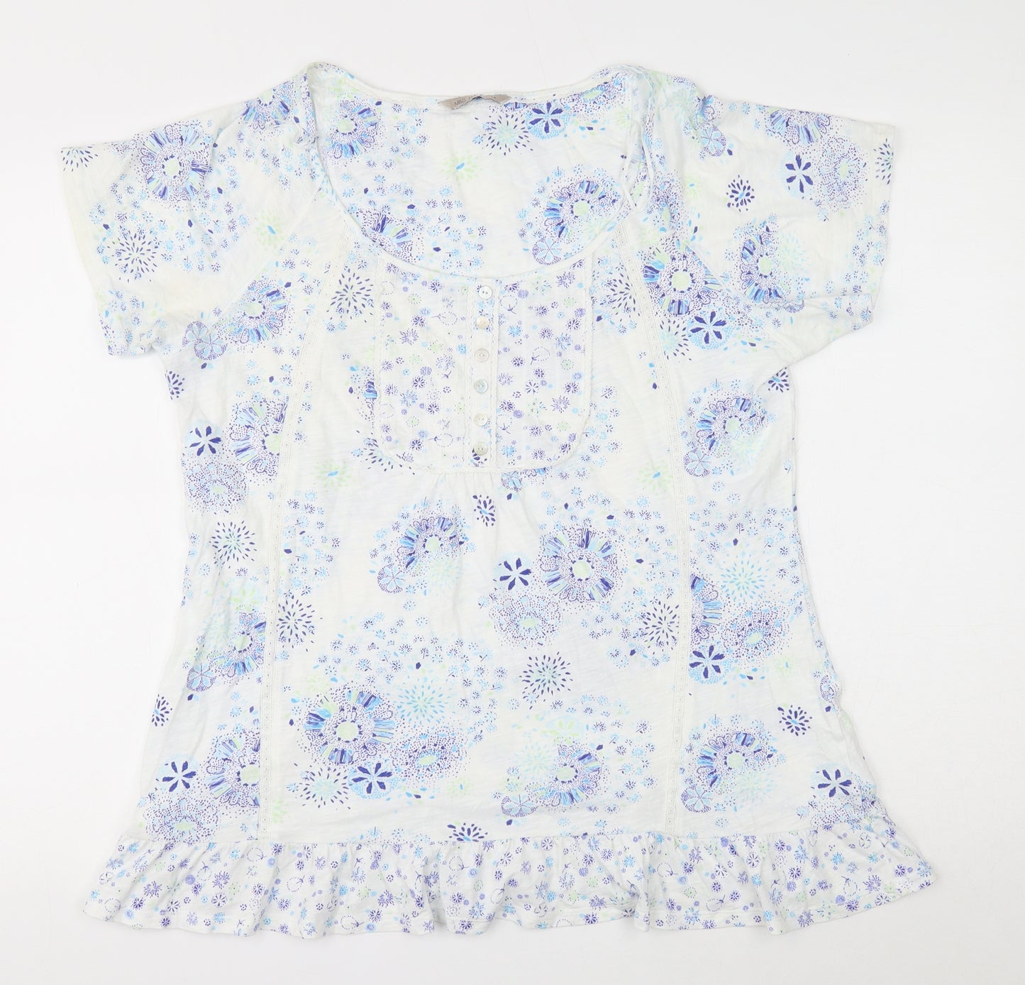 Marks and Spencer Womens White Floral Cotton Basic T-Shirt Size 14 Round Neck