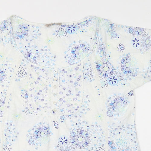 Marks and Spencer Womens White Floral Cotton Basic T-Shirt Size 14 Round Neck