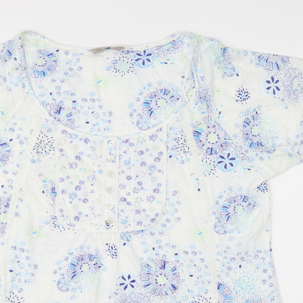 Marks and Spencer Womens White Floral Cotton Basic T-Shirt Size 14 Round Neck