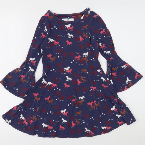Marks and Spencer Girls Blue Geometric Cotton A-Line Size 5-6 Years Round Neck Pullover - Horse Print