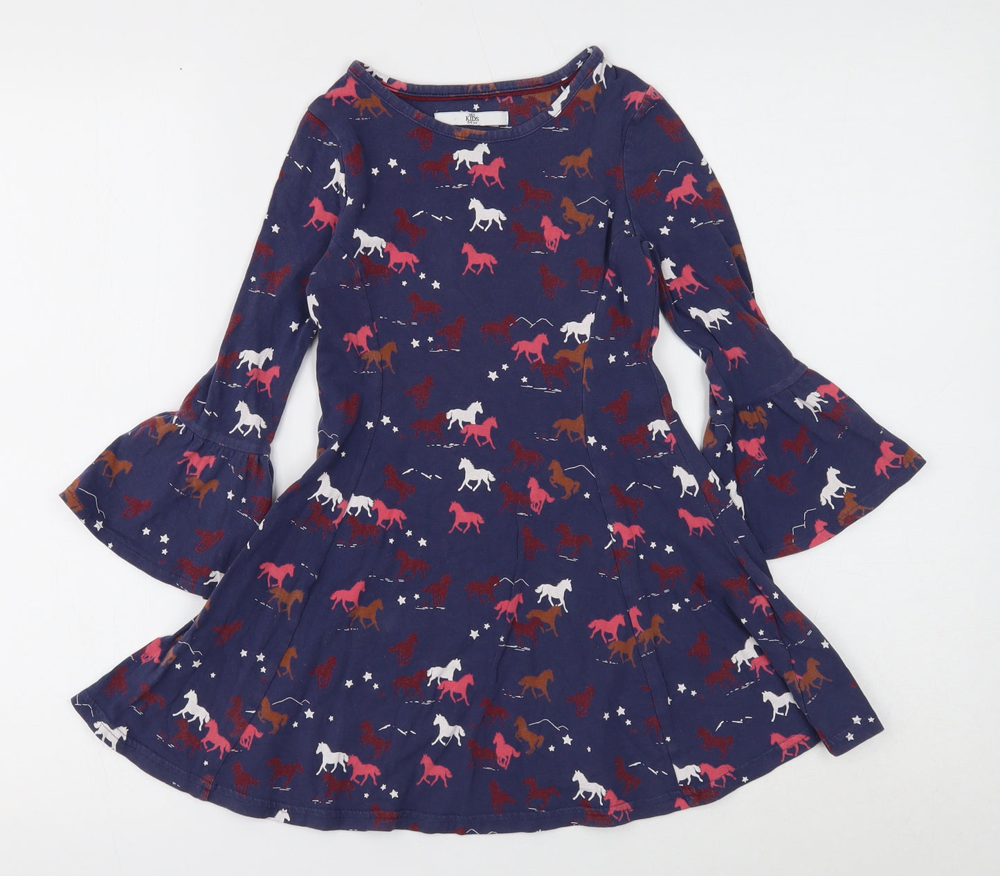 Marks and Spencer Girls Blue Geometric Cotton A-Line Size 5-6 Years Round Neck Pullover - Horse Print