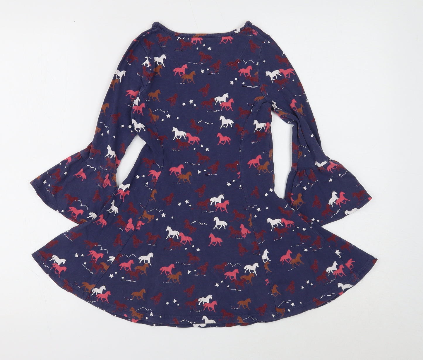 Marks and Spencer Girls Blue Geometric Cotton A-Line Size 5-6 Years Round Neck Pullover - Horse Print