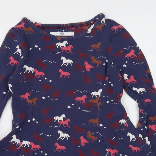 Marks and Spencer Girls Blue Geometric Cotton A-Line Size 5-6 Years Round Neck Pullover - Horse Print