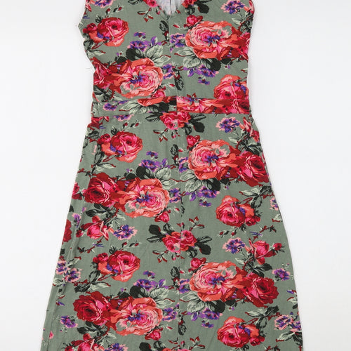 Oasis Womens Green Floral Viscose A-Line Size XS Round Neck Button