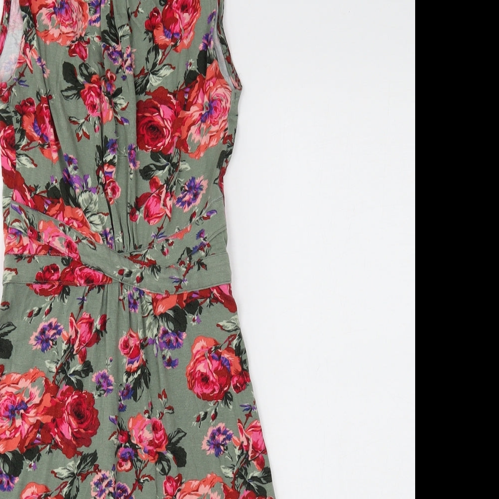 Oasis Womens Green Floral Viscose A-Line Size XS Round Neck Button
