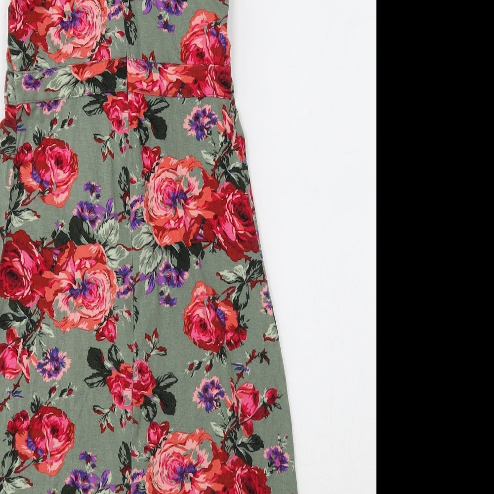 Oasis Womens Green Floral Viscose A-Line Size XS Round Neck Button