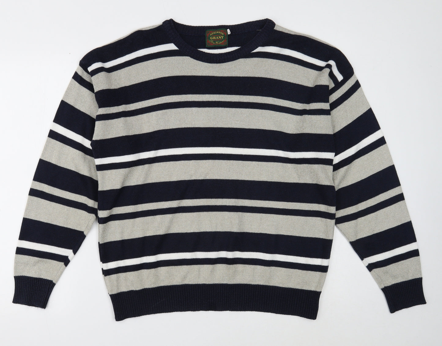 Atkinson Grant Mens Multicoloured Round Neck Striped Cotton Pullover Jumper Size M
