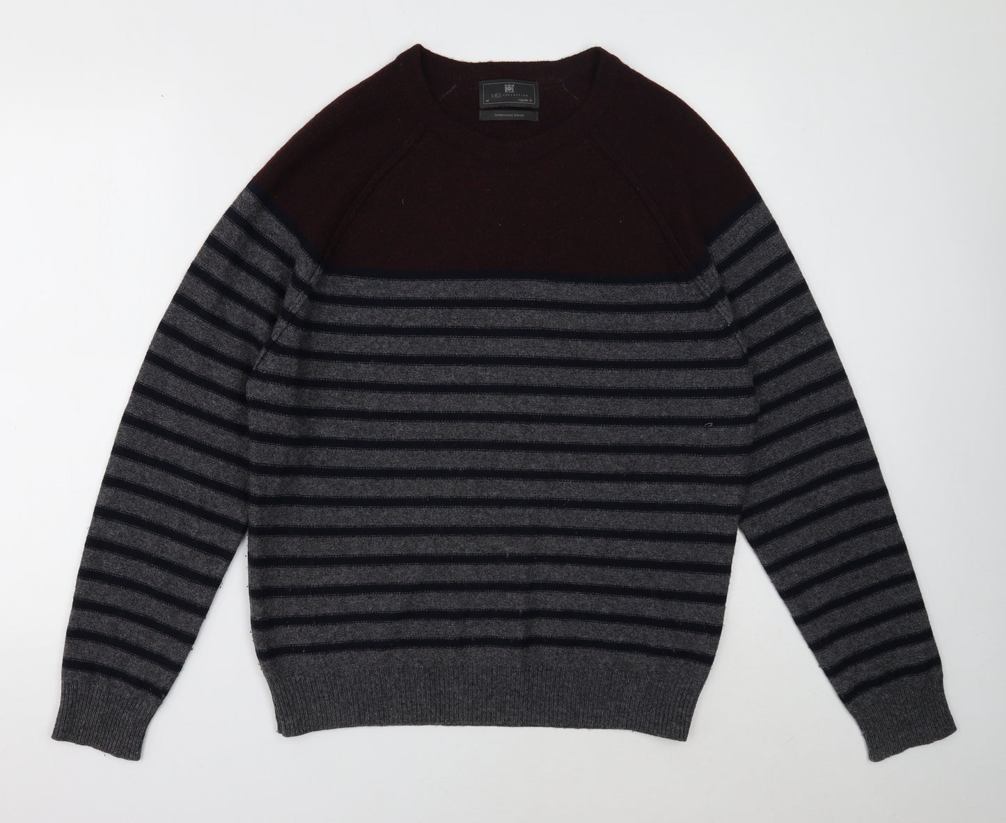 Marks and Spencer Mens Grey Round Neck Striped Wool Pullover Jumper Size M