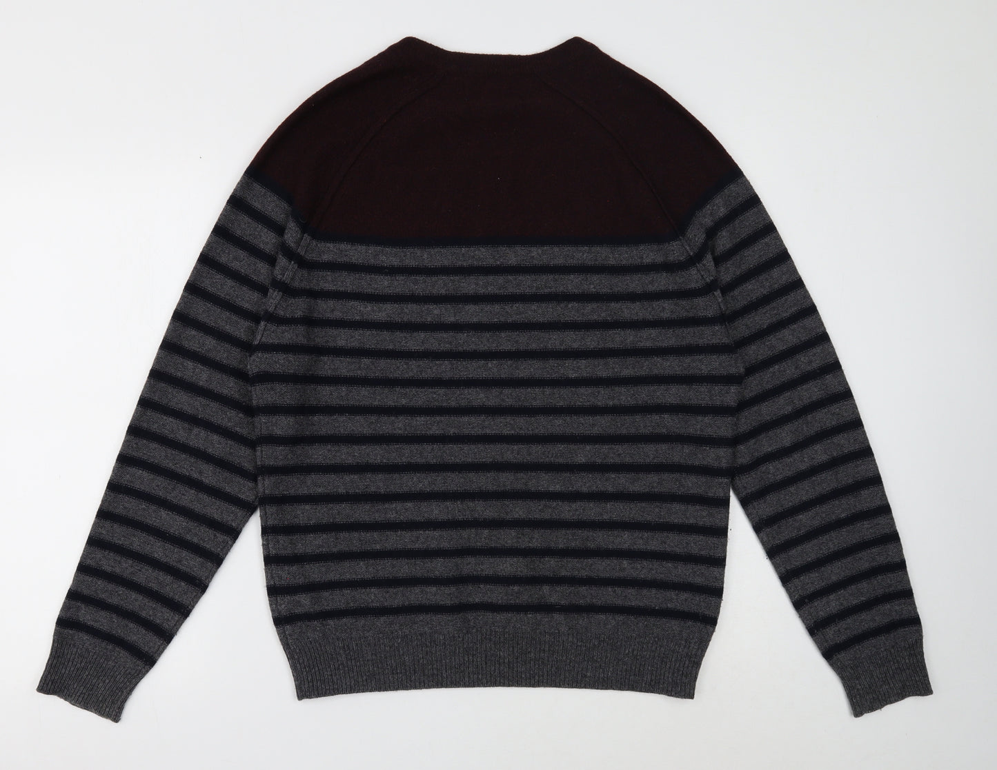 Marks and Spencer Mens Grey Round Neck Striped Wool Pullover Jumper Size M