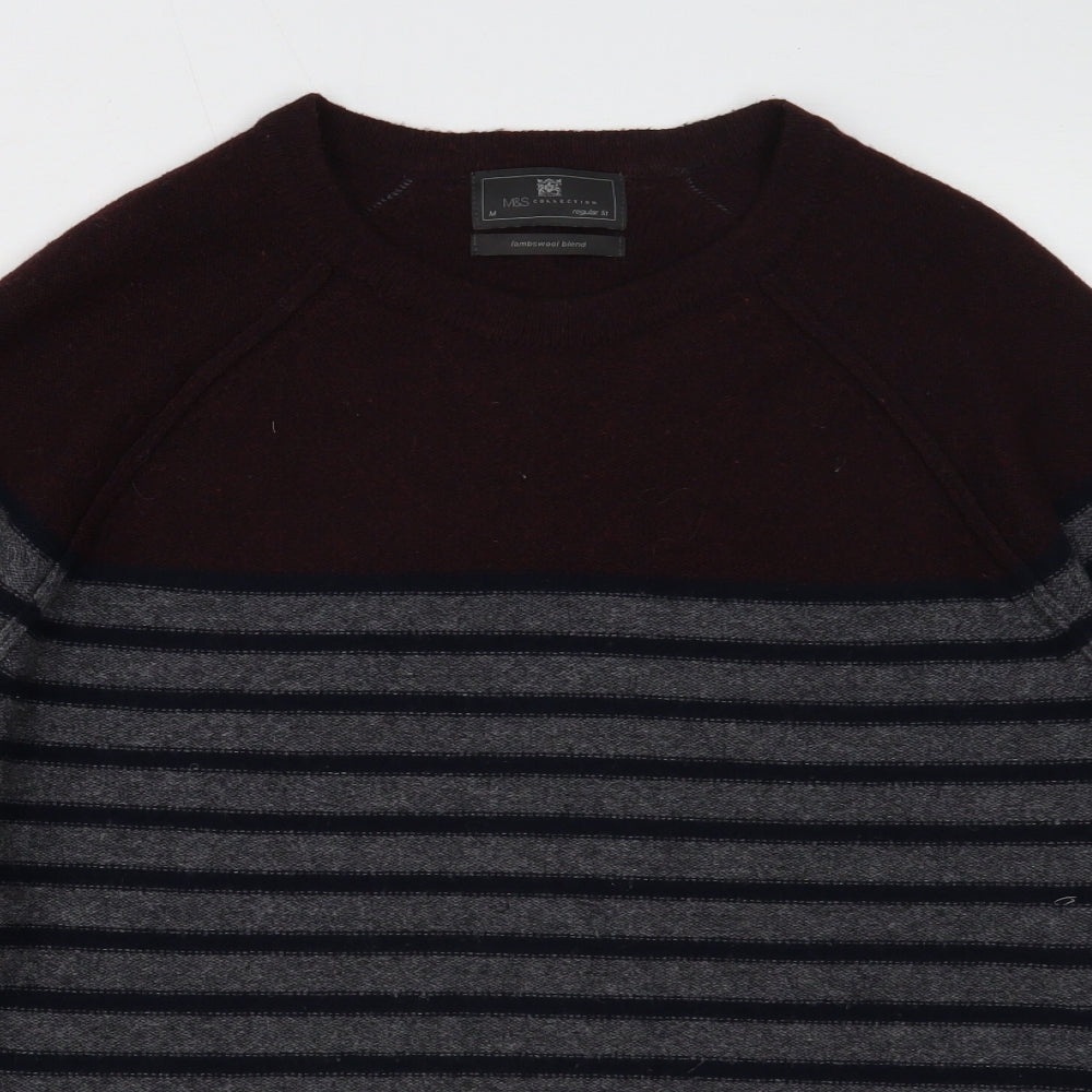 Marks and Spencer Mens Grey Round Neck Striped Wool Pullover Jumper Size M
