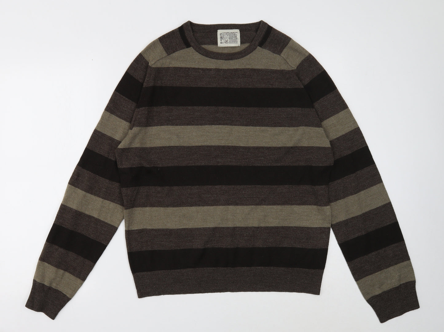 BHS Mens Brown Round Neck Striped Acrylic Pullover Jumper Size M