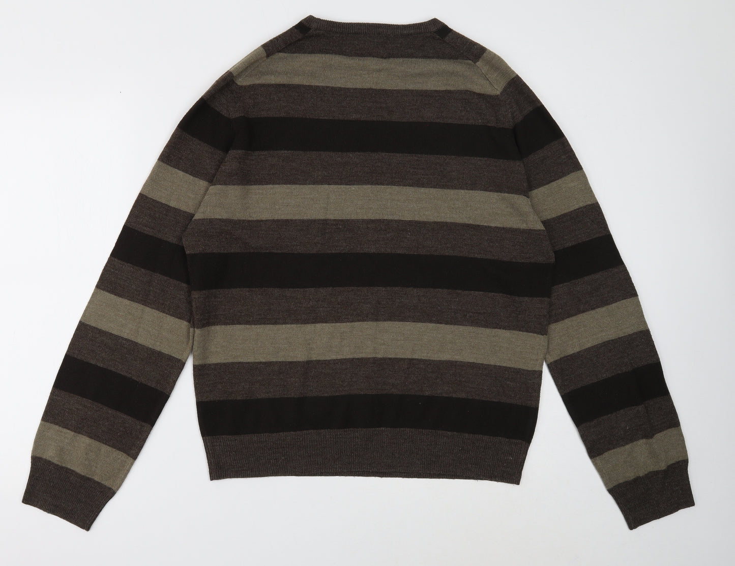 BHS Mens Brown Round Neck Striped Acrylic Pullover Jumper Size M