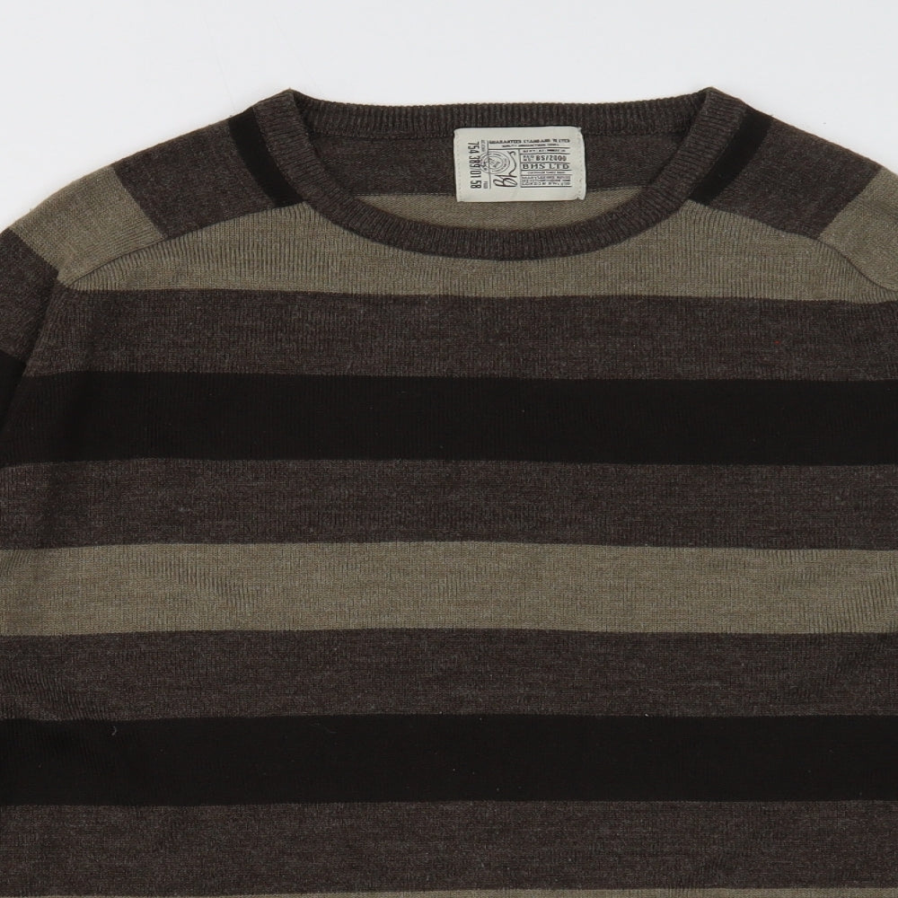 BHS Mens Brown Round Neck Striped Acrylic Pullover Jumper Size M