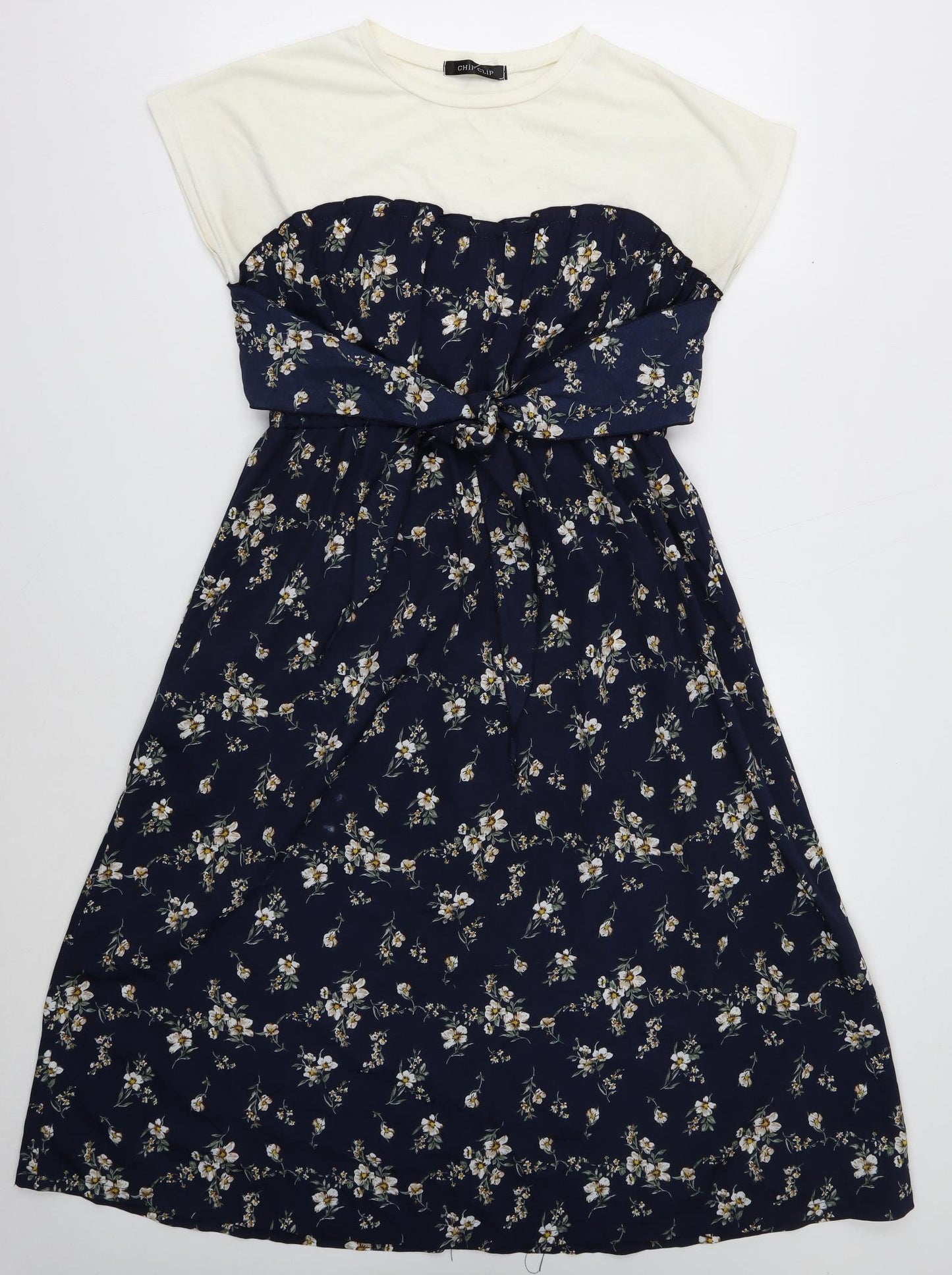 Chip Clip Womens Blue Floral Polyester Fit & Flare Size L Round Neck Pullover