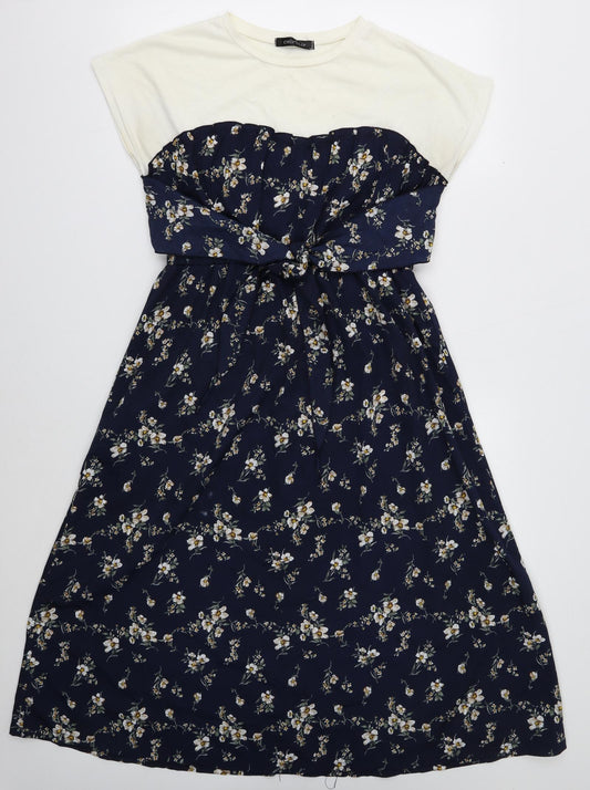 Chip Clip Womens Blue Floral Polyester Fit & Flare Size L Round Neck Pullover