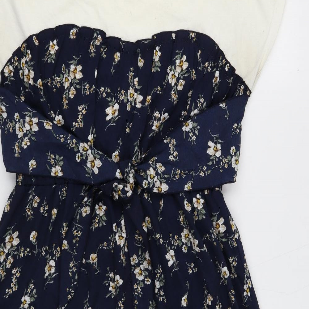 Chip Clip Womens Blue Floral Polyester Fit & Flare Size L Round Neck Pullover