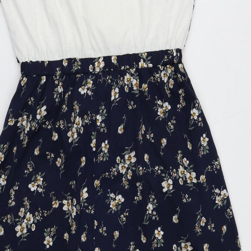 Chip Clip Womens Blue Floral Polyester Fit & Flare Size L Round Neck Pullover