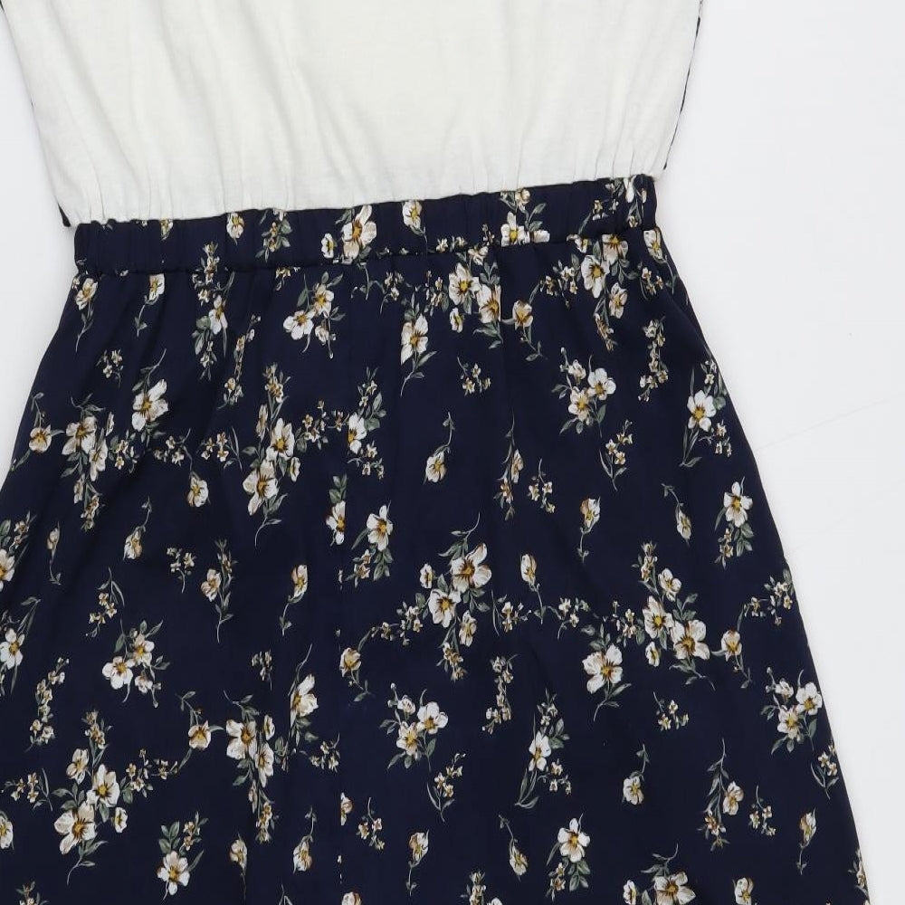 Chip Clip Womens Blue Floral Polyester Fit & Flare Size L Round Neck Pullover