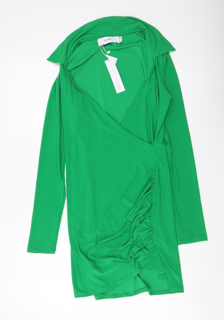 Bershka Womens Green Polyester Mini Size L Collared Pullover