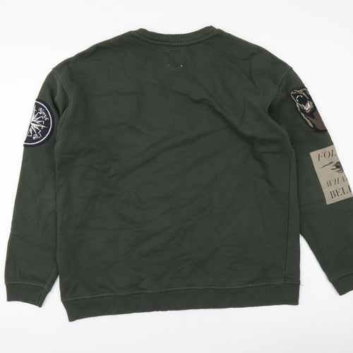 Zara Womens Green Cotton Pullover Sweatshirt Size M Pullover - Badge Motif