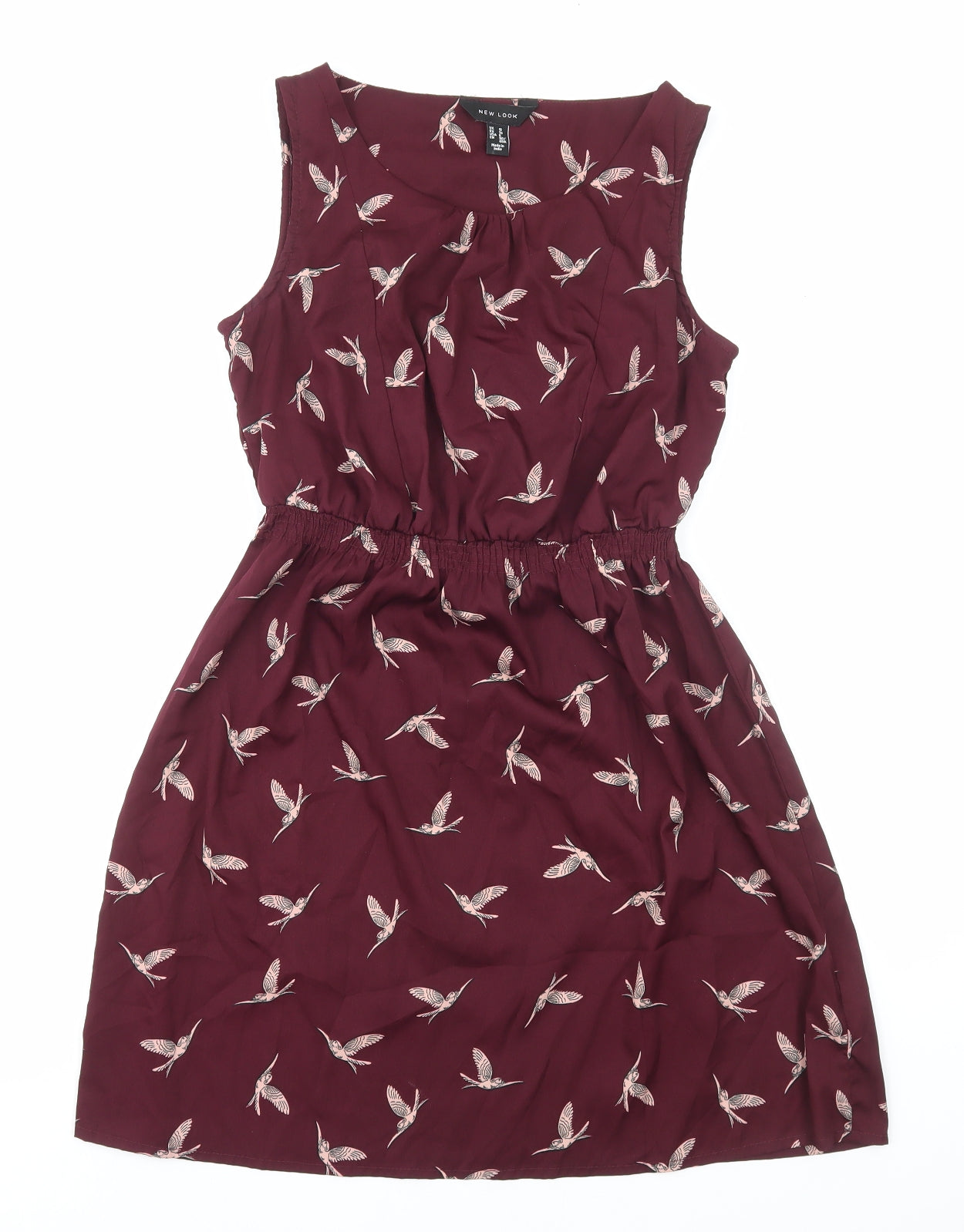 New Look Womens Red Geometric Polyester Fit & Flare Size 10 Boat Neck Pullover - Bird Print