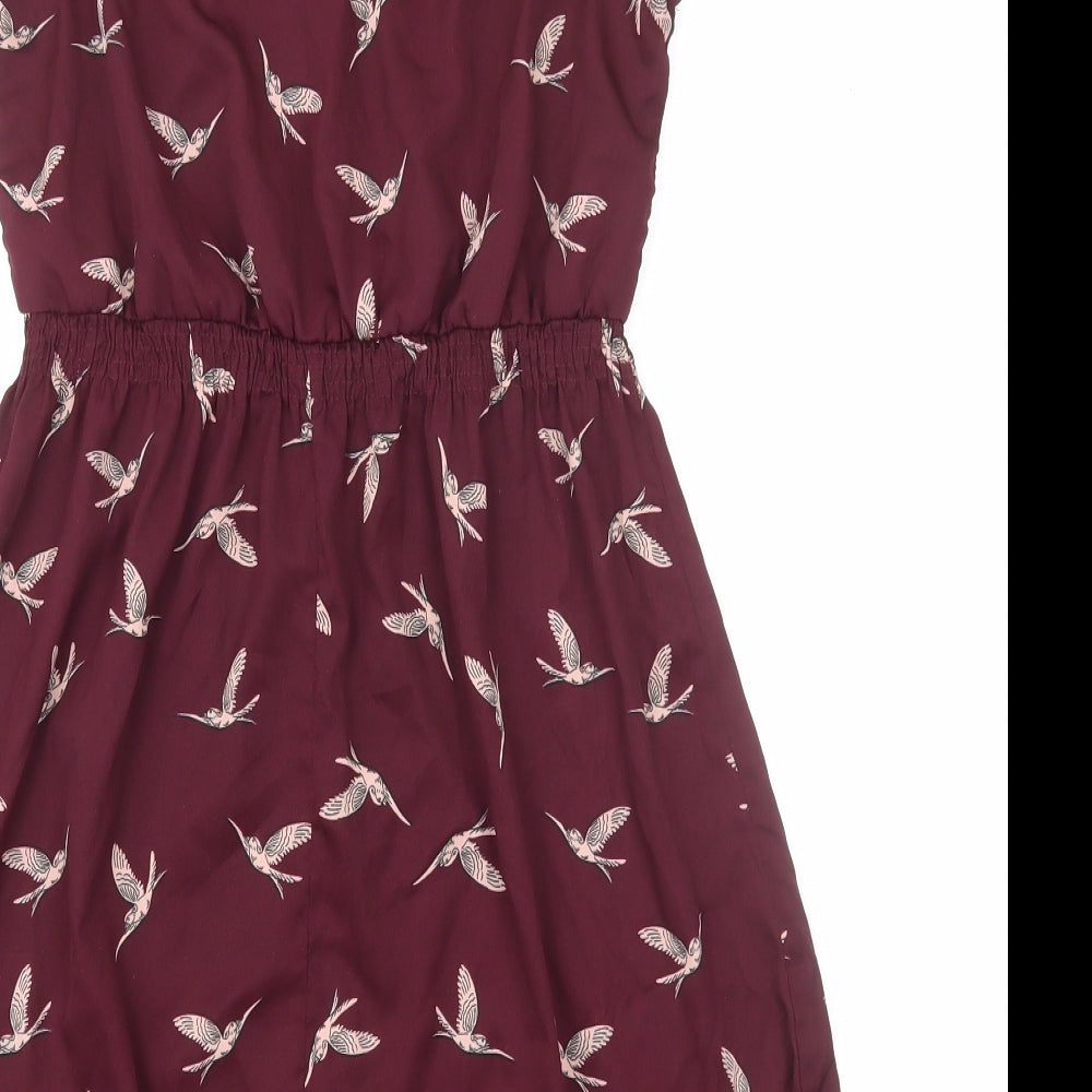 New Look Womens Red Geometric Polyester Fit & Flare Size 10 Boat Neck Pullover - Bird Print