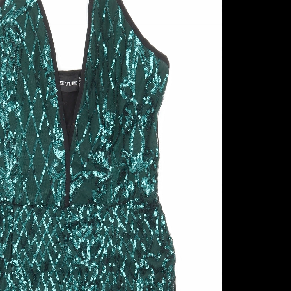 PRETTYLITTLETHING Womens Green Polyester Mini Size 10 V-Neck Zip