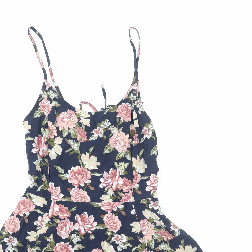 FOREVER 21 Womens Blue Floral Viscose Mini Size M Scoop Neck Zip