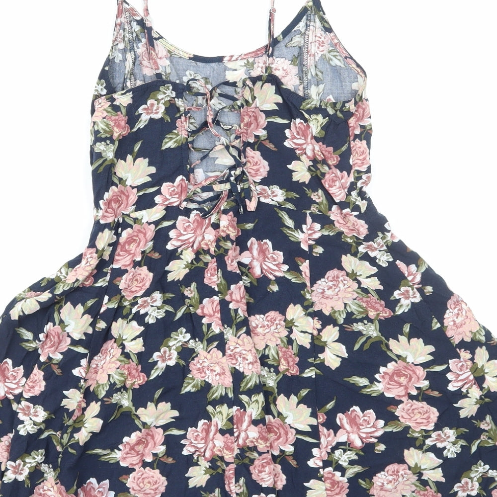 FOREVER 21 Womens Blue Floral Viscose Mini Size M Scoop Neck Zip