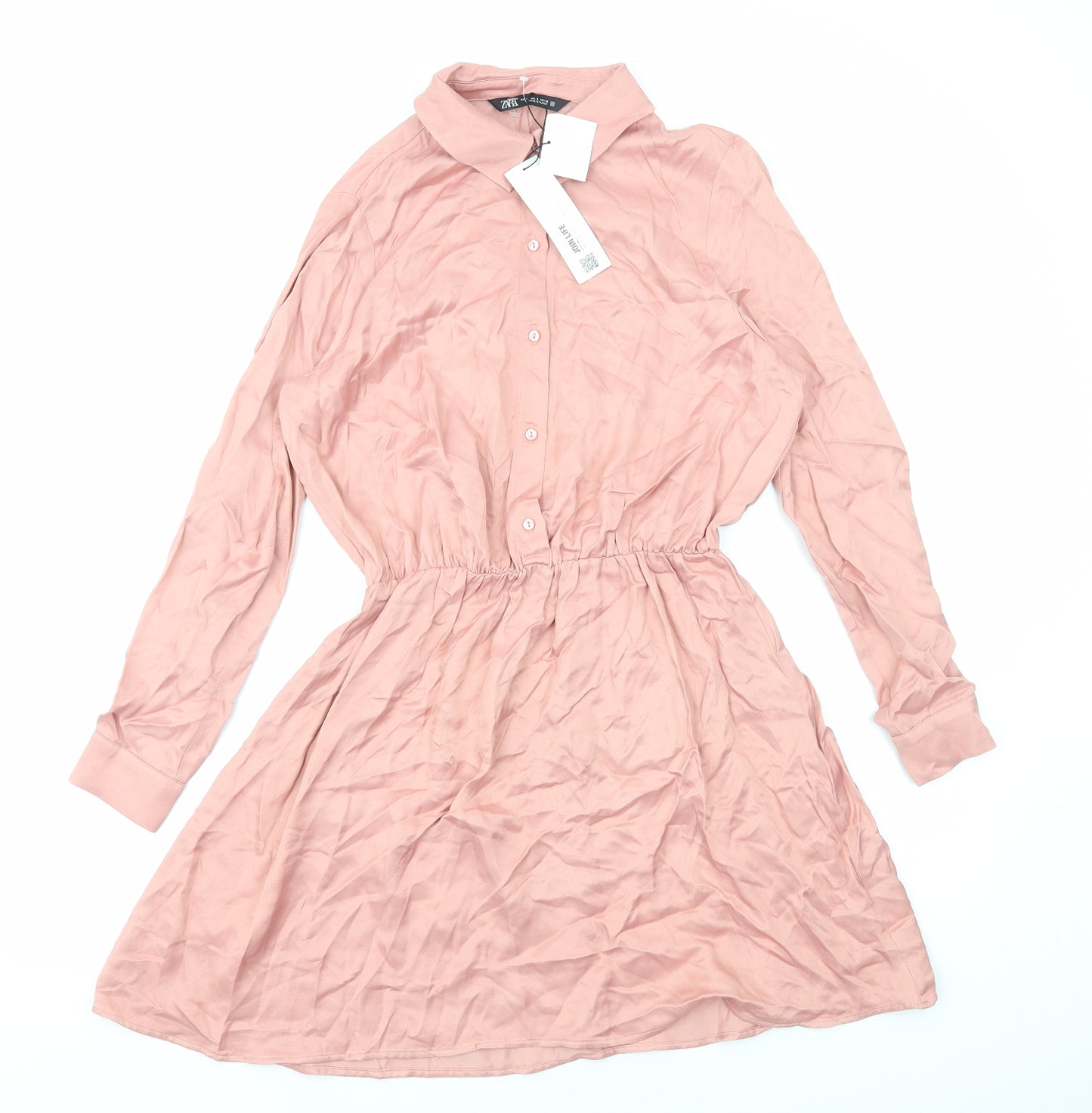 Zara Womens Pink Polyester Shirt Dress Size S Collared Button