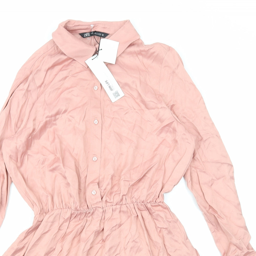 Zara Womens Pink Polyester Shirt Dress Size S Collared Button
