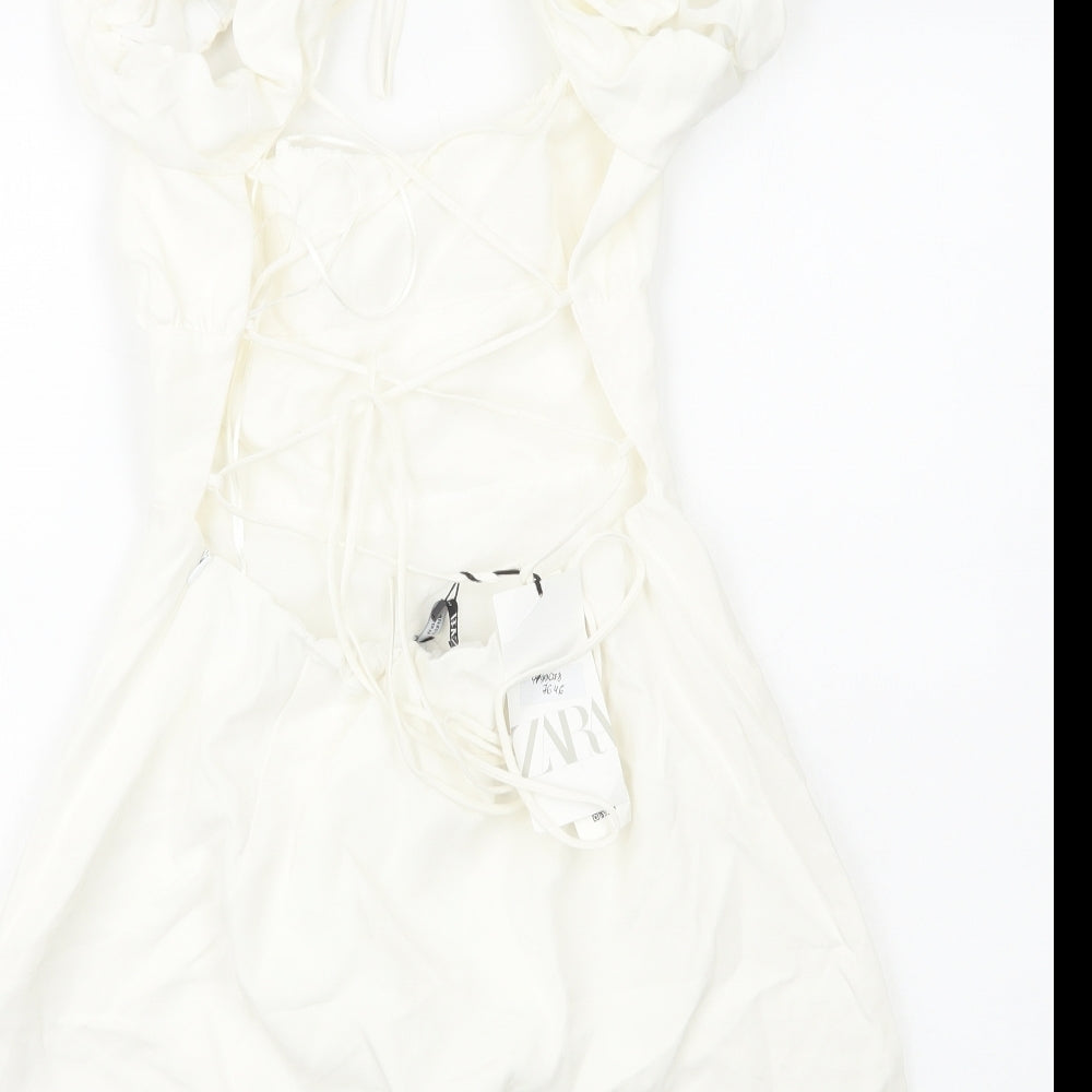 Zara Womens White Cotton Mini Size L Square Neck Zip