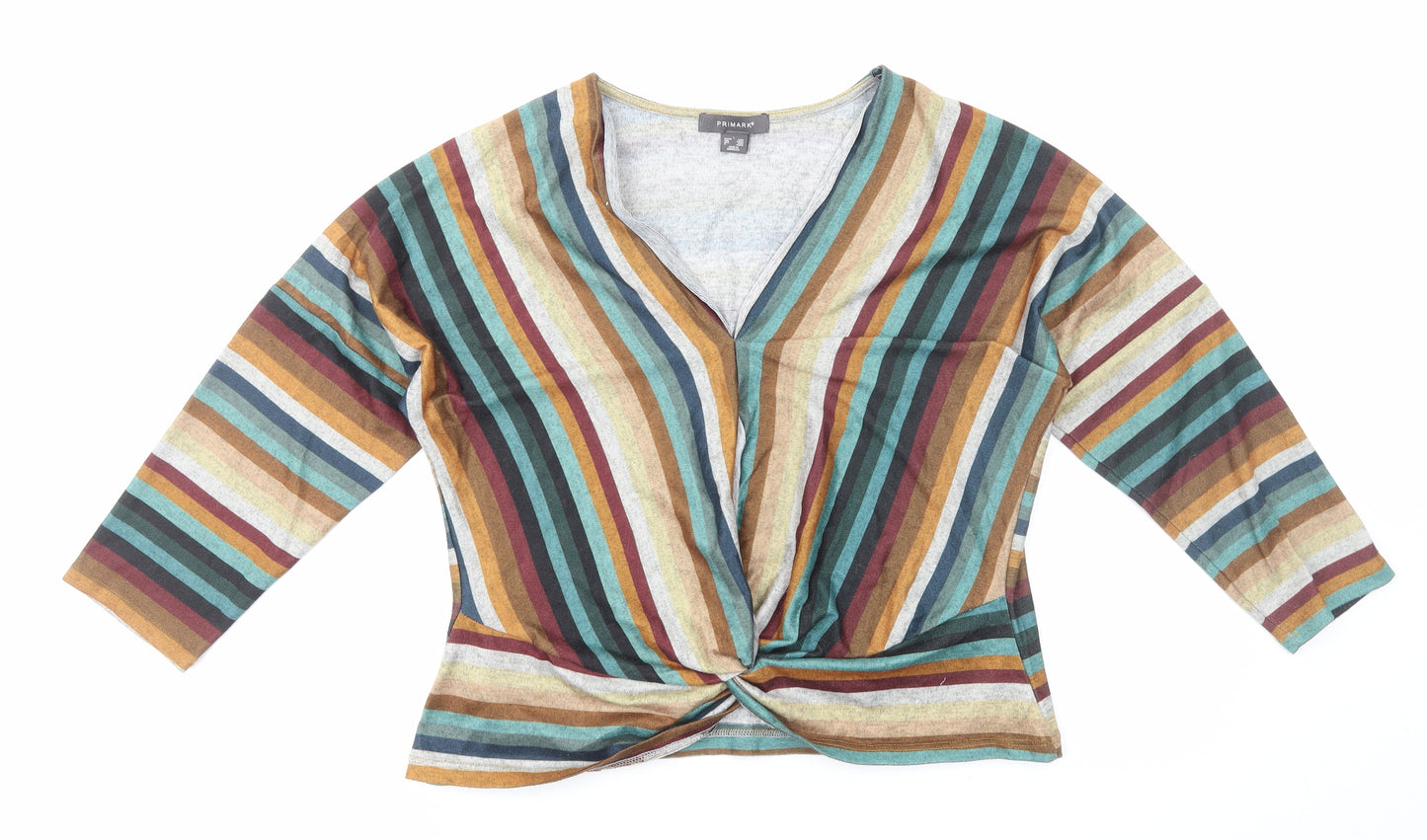 Primark Womens Multicoloured Striped Polyester Basic T-Shirt Size L V-Neck