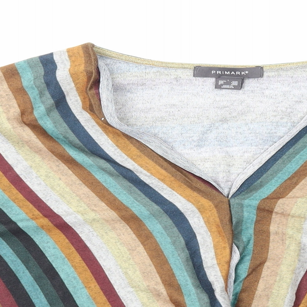 Primark Womens Multicoloured Striped Polyester Basic T-Shirt Size L V-Neck
