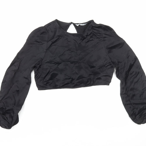 Zara Womens Black Polyester Cropped Blouse Size S Round Neck