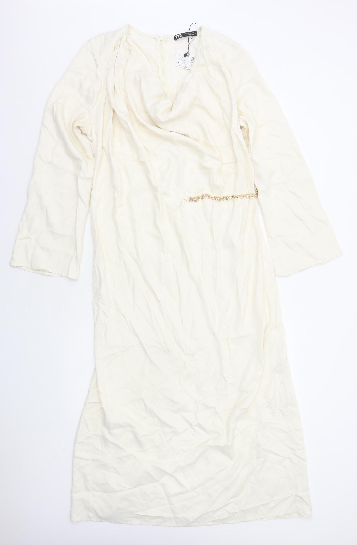 Zara Womens Ivory Polyester A-Line Size L V-Neck Zip