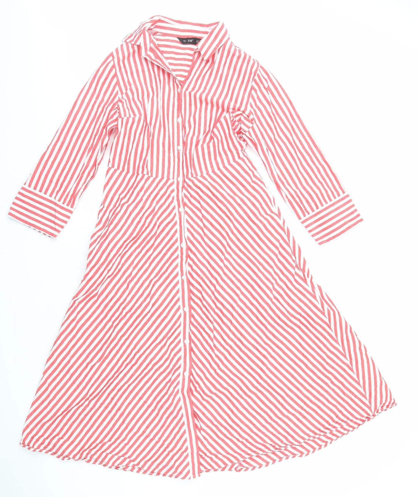 F&F Womens Red Striped Cotton Shirt Dress Size 10 Collared Button