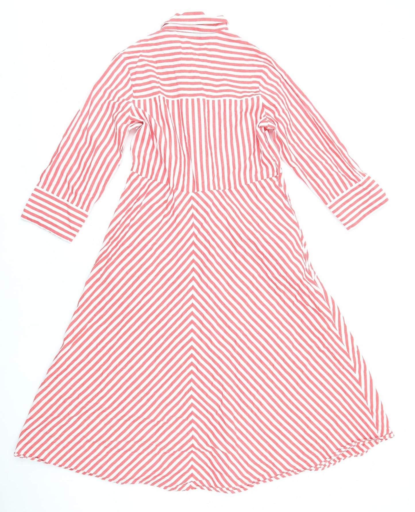 F&F Womens Red Striped Cotton Shirt Dress Size 10 Collared Button