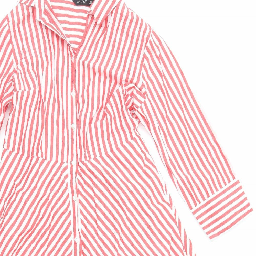 F&F Womens Red Striped Cotton Shirt Dress Size 10 Collared Button