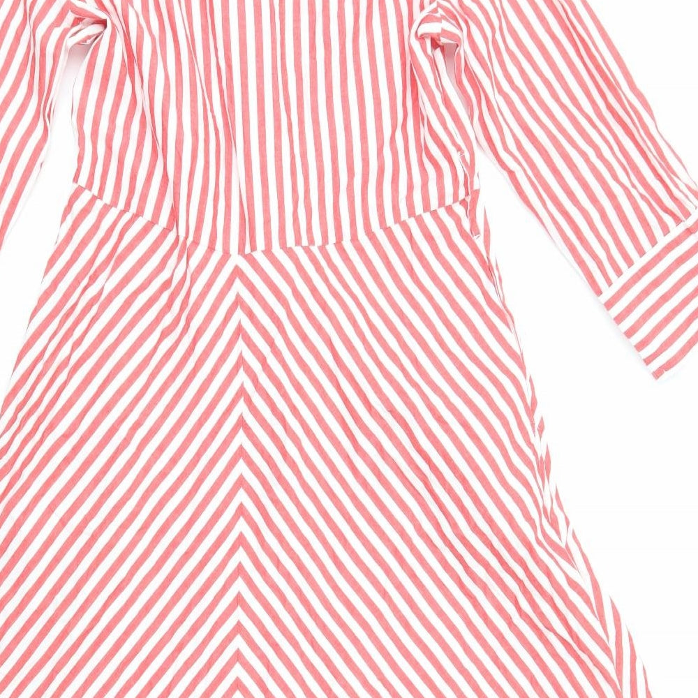 F&F Womens Red Striped Cotton Shirt Dress Size 10 Collared Button