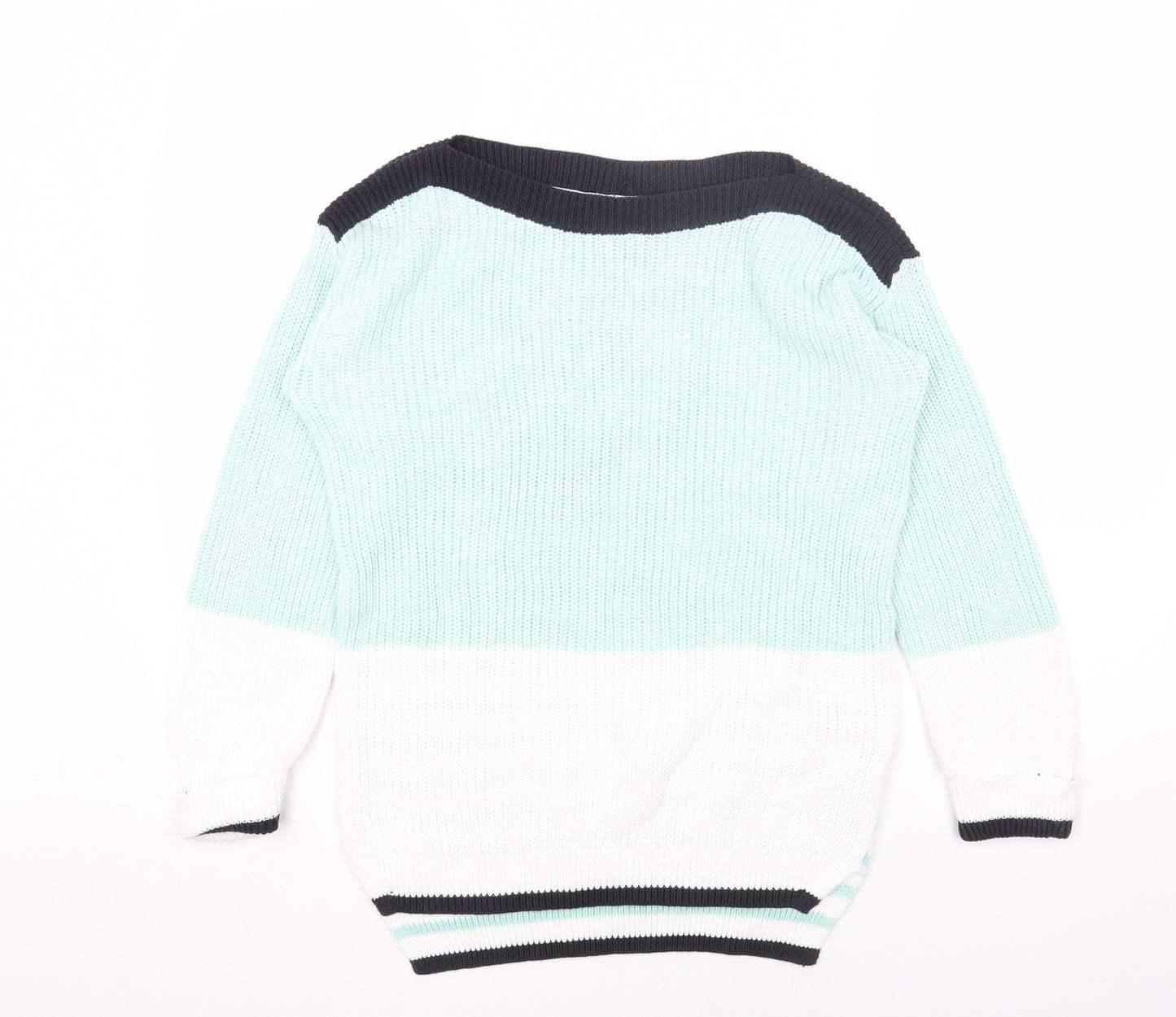 Marks and Spencer Womens Green Boat Neck Striped Cotton Pullover Jumper Size S - Colourblock