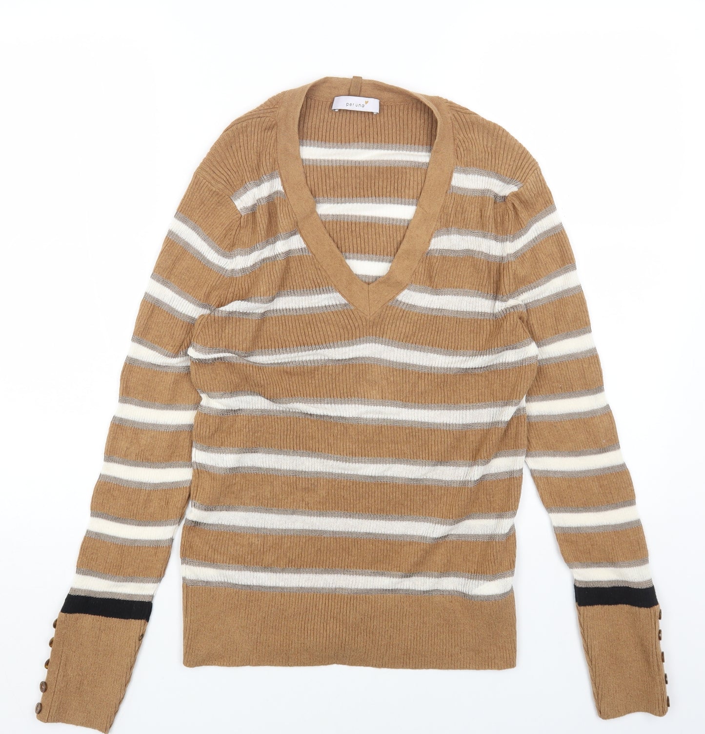 Per Una Womens Multicoloured V-Neck Striped Cotton Pullover Jumper Size 16