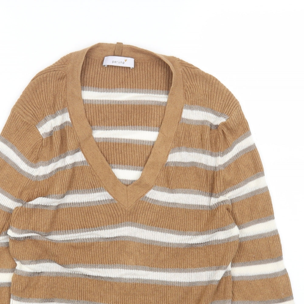 Per Una Womens Multicoloured V-Neck Striped Cotton Pullover Jumper Size 16