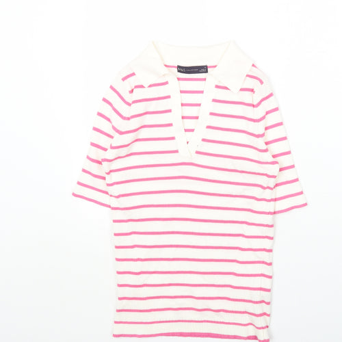Marks and Spencer Womens Multicoloured Collared Striped Cotton Pullover Jumper Size S