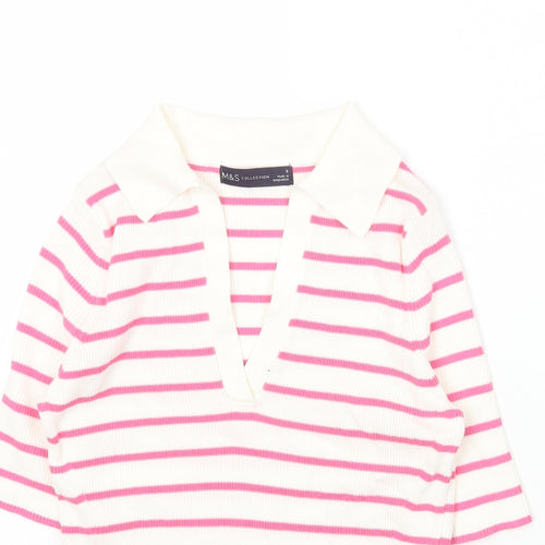 Marks and Spencer Womens Multicoloured Collared Striped Cotton Pullover Jumper Size S