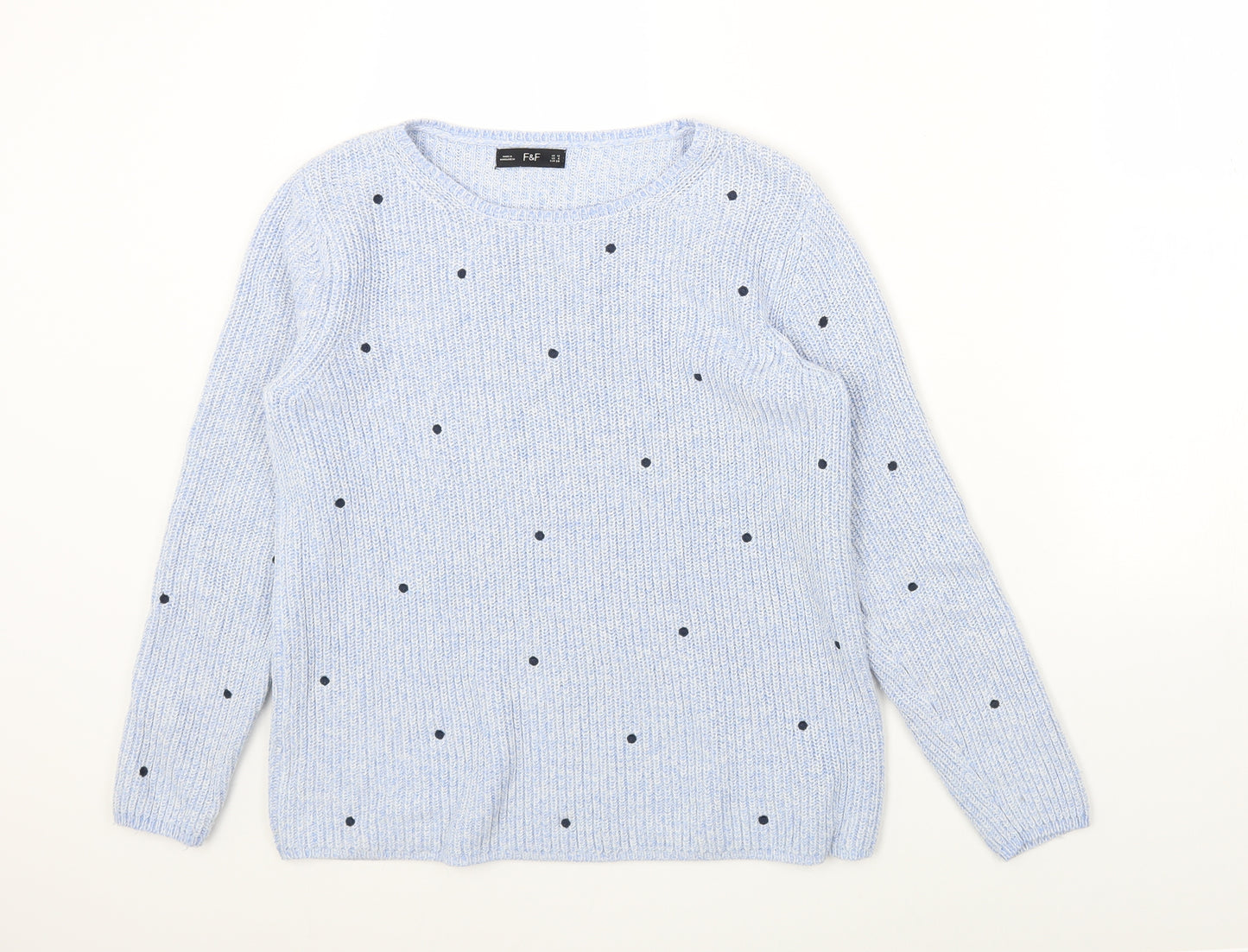 F&F Womens Blue Round Neck Polka Dot Acrylic Pullover Jumper Size 10