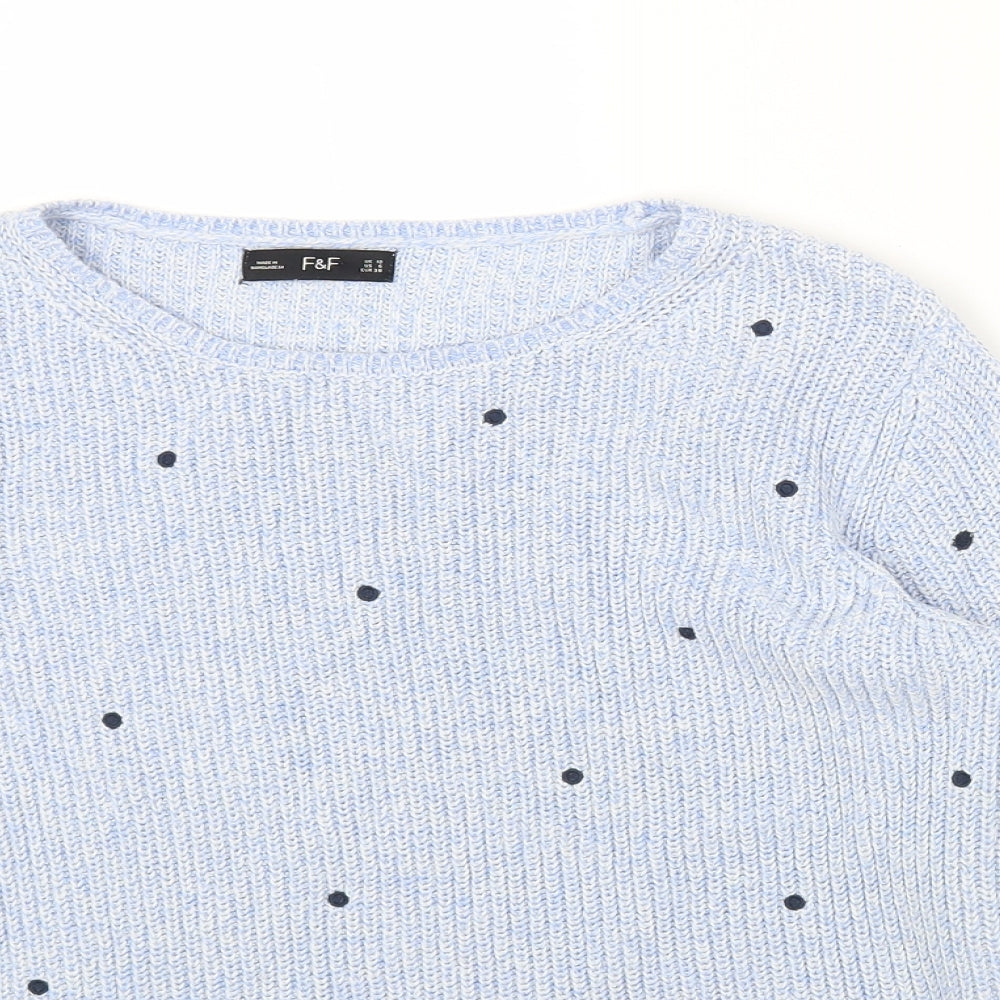 F&F Womens Blue Round Neck Polka Dot Acrylic Pullover Jumper Size 10