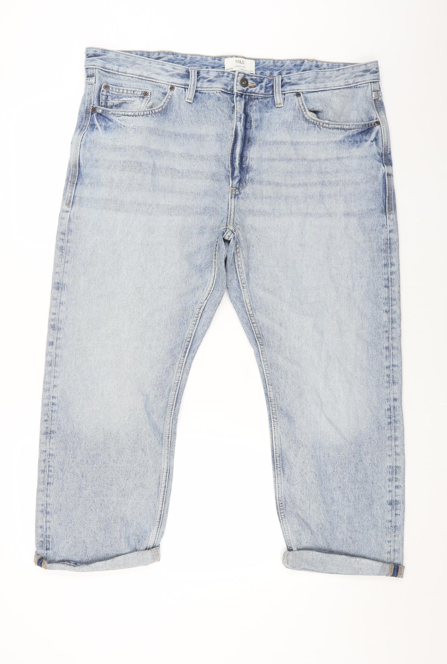 Marks and Spencer Mens Blue Cotton Straight Jeans Size 40 in L29 in Regular Button